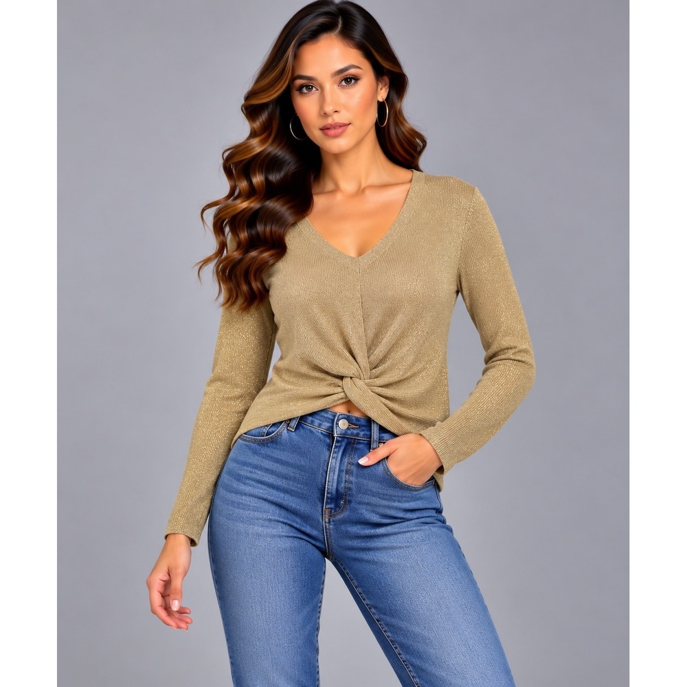 Calvin Klein Sweater Women Medium Gold Excellent Metallic Twist Front V-Neck Top